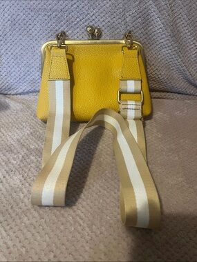 Yellow Leather Kiss-Lock Crossbody Bag with Striped Webbing Strap